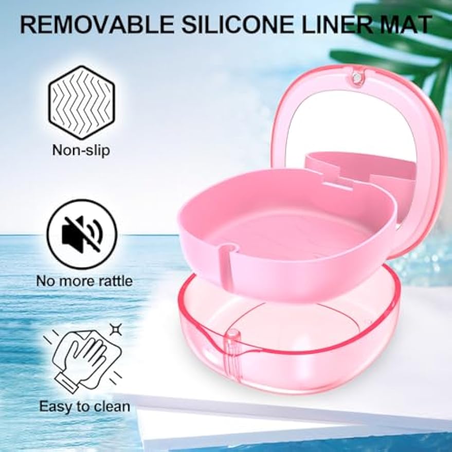 Pink Aligner and Retainer Case Double-layer Cute Slim Braces Night Mouth Guard Case with Remover Tool, Chew and Cleaning Brush, Built in Mirror Orthodontic Dental Retainer Container
