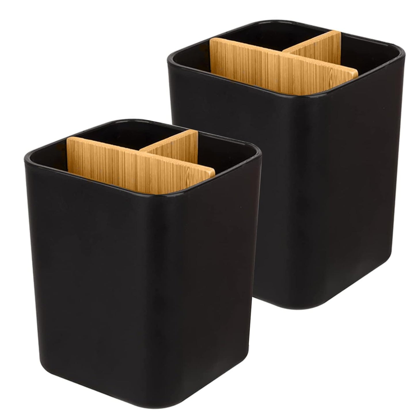 Bamboo Toothbrush Holder for Bathrooms Toothpaste Organizer - Black | Detachable Inserts, 3 Slots, Bathroom Counter Organizer, for Kids Electric Toothbrushes, Floss, Razors