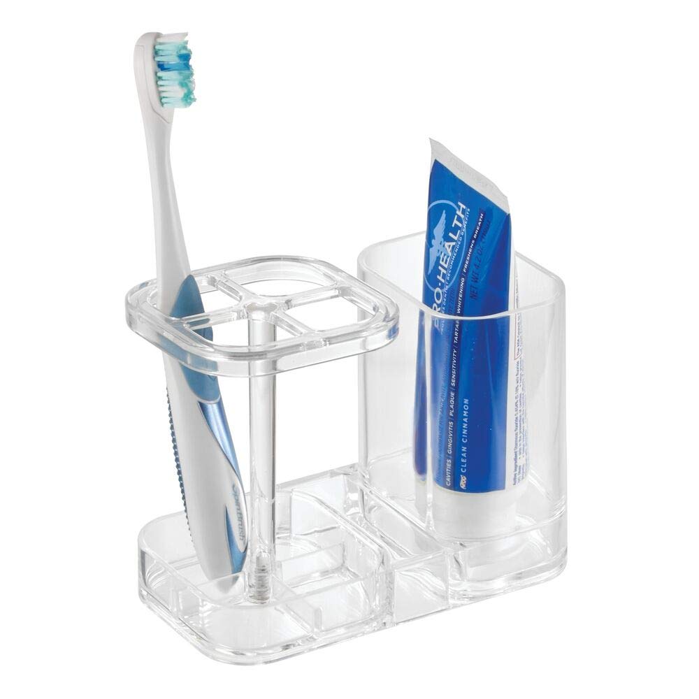 iDesign Toothbrush Holder with Storage Cup, Bathroom Sink Organizer for Toothpaste and Electric Toothbrushes, Blue