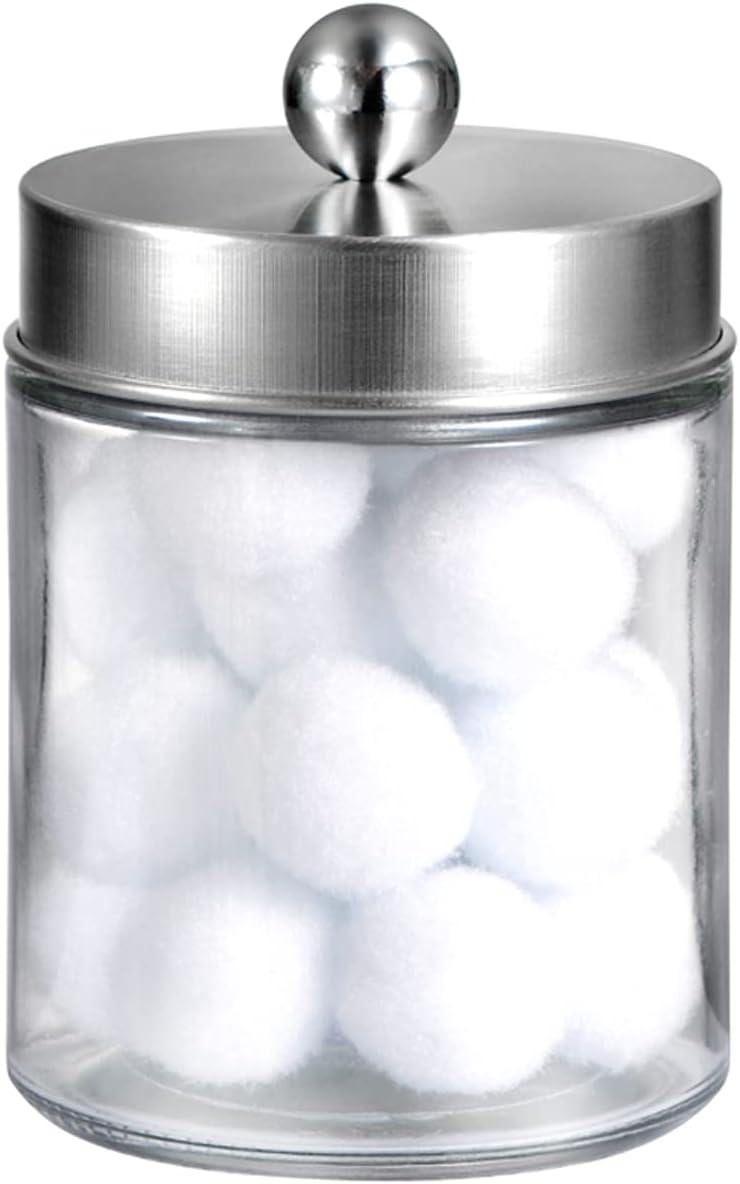 Amolliar Apothecary Jar Qtip Holder w/Metal Lid, Glass, Brushed Nickel | for Bathroom Vanity Storage, Countertop, Farmhouse Style, Holds Cotton Swabs, Dental Floss, Makeup Sponges