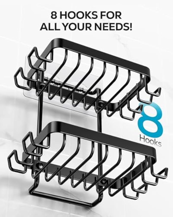 Nieifi Bar Soap Holder, Adhesive Soap Dish for Bathroom Shower Wall | Stainless steel, 2 tier, razor holders, 8 hooks, bathtub, kitchen sink, wall mounted, no drilling, counter, black