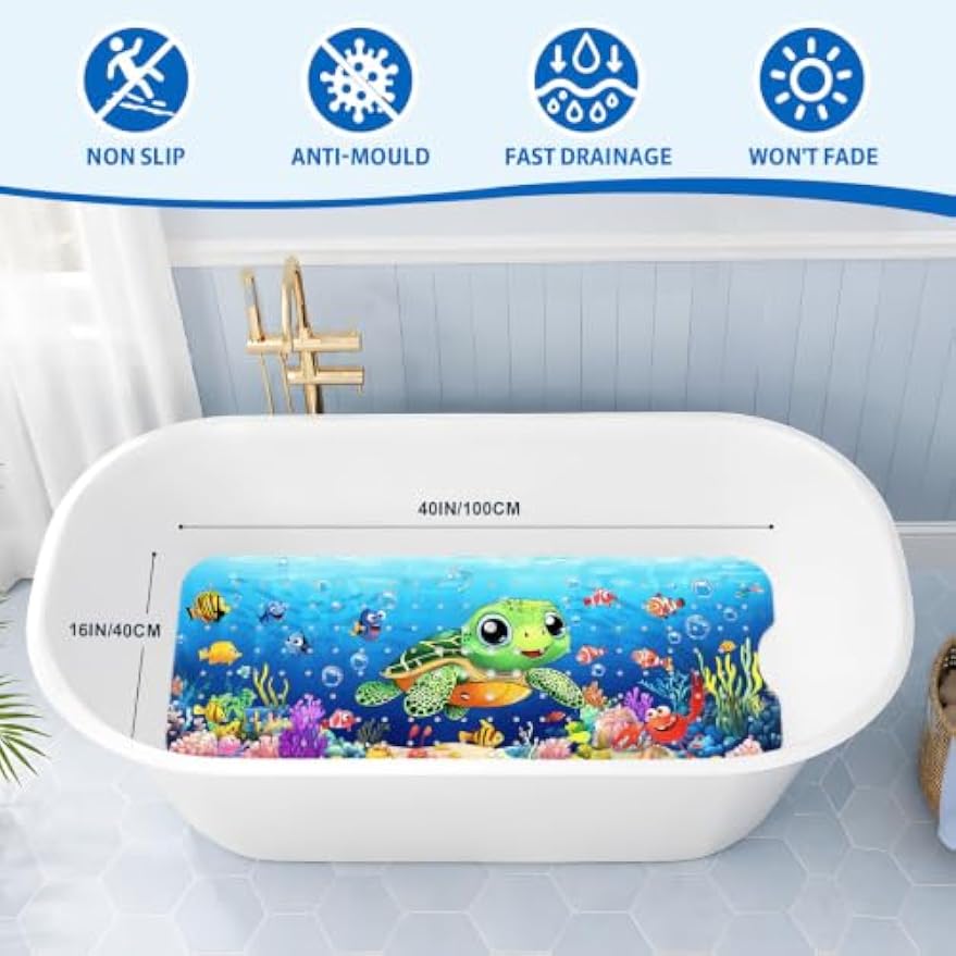 XIYUNTE Baby Bath Mat for Tub Non Slip Kids Bath Mat - 40''x16'' Extra Long Cartoon Turtle Baby Bath Tub Mat Eco-Friendly Toddler Bath Mats with Suction Cups & Drain Holes, Easy to Clean & Easy Drying