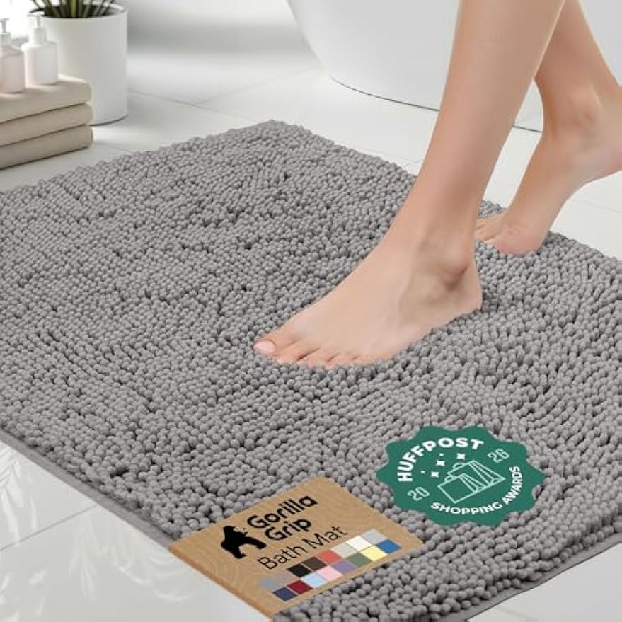 GORILLA GRIP Bath Rug Mat for Bathroom, Absorbent Chenille, 24x17 Gray | Soft Thick Quick Dry Microfiber Mats, Rubber Backing, Machine Washable Tub and Shower Floor Rugs, Home Decor Essentials