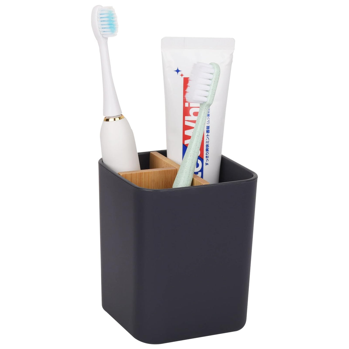 Bamboo Toothbrush Holder for Bathrooms Toothpaste Organizer - Black | Detachable Inserts, 3 Slots, Bathroom Counter Organizer, for Kids Electric Toothbrushes, Floss, Razors