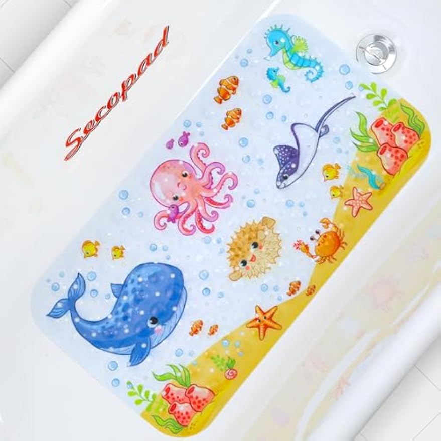 Secopad Bathtub Mat Non Slip, Cute Bath Tub Mat, 27.5" x 15", Pink Octopus | Rectangular, Anti-Slip, Machine Washable, with Drain Holes and Suction Cups,For Bathtub and Shower Floor, for Toddler & Kids
