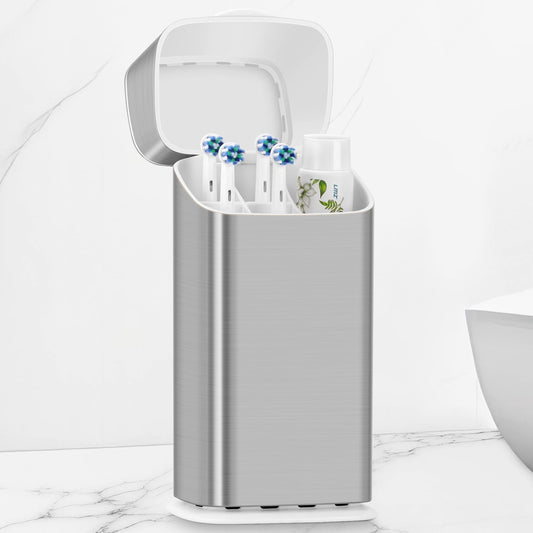 GFWARE Electric Toothbrush Holder with Cover, Ventilated & Drainage, Silver | Detachable 5 Slots Bathroom Organizer for Toothbrush & Toothpaste, Waterproof & Dustproof, Electric Toothbrushes Under 10 In