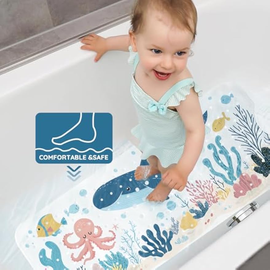 LNOND Bath Mat for Tub for Kids, Toddler Bathtub mat Non Slip, Whales and Coral Kids Bath Mats for Bathroom Non Slip with Drain Holes and Suction Cups,Machine Washable (40 X 16 Inch)