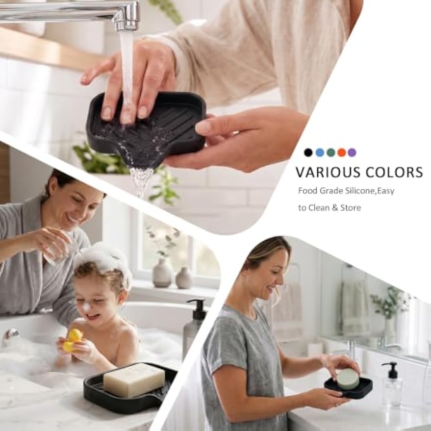 MicoYang Silicone Soap Dish with Drain Spout, Self-Draining Sink Organizer Tray for Bathroom and Kitchen, Sponges, Dispensers and Soap Holder, Non-Slip and Dishwasher Safe, Black (Compact, 4.9"×3.2")