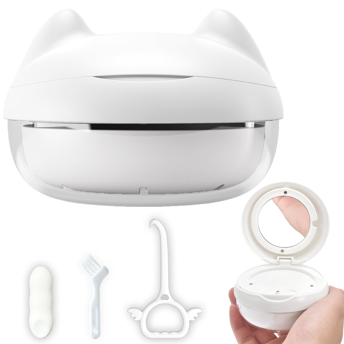 Retainer Case Denture Bath Case Basket Mirror Leak-proof White Hanburger | 2-in-1 design Strainer Basket No-Leak Cleaning Case for Mouth Guard Cute Removal Tool,Aligner chewies,Bursh