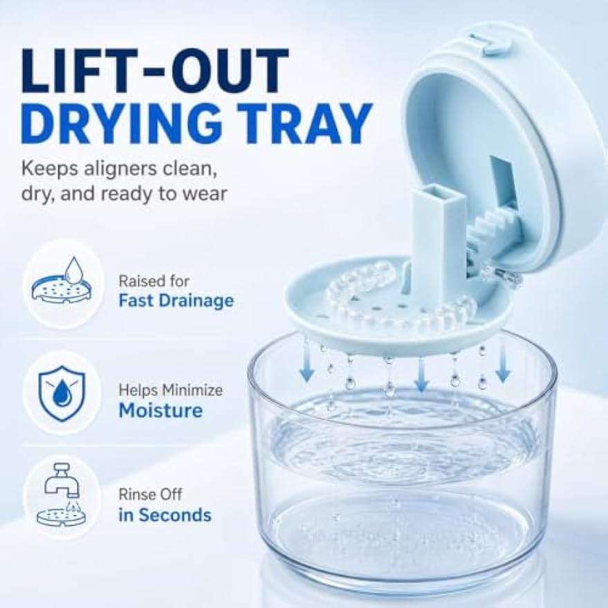 3-in-1 Retainer Case with Mirror & Cleaning Brush, Leak-Proof Aligner Storage Box with Auto-Rising Bath, Strainer Basket & Remover Tool, Portable Dental Travel Kit for Daily Care (White)