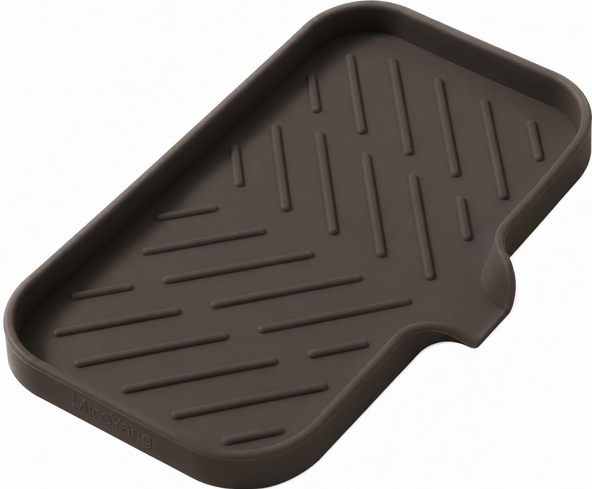 MicoYang Silicone Soap Dish with Drain Spout, Self-Draining Sink Organizer Tray for Bathroom and Kitchen, Sponges, Dispensers and Soap Holder, Non-Slip and Dishwasher Safe, Black (Compact, 4.9"×3.2")