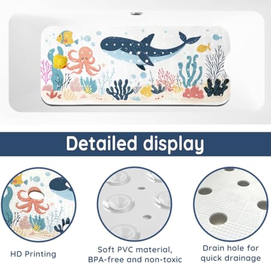 LNOND Bath Mat for Tub for Kids, Toddler Bathtub mat Non Slip, Whales and Coral Kids Bath Mats for Bathroom Non Slip with Drain Holes and Suction Cups,Machine Washable (40 X 16 Inch)