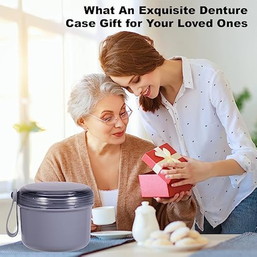 Denture Case, Leakproof Denture Soaking & Retainer Cleaning Container Cup | Durable, With Strainer Basket for Cleaning Full & Partial Dentures, Retainer, Mouthguard, Kit: Denture Cleaner Brush - Grey