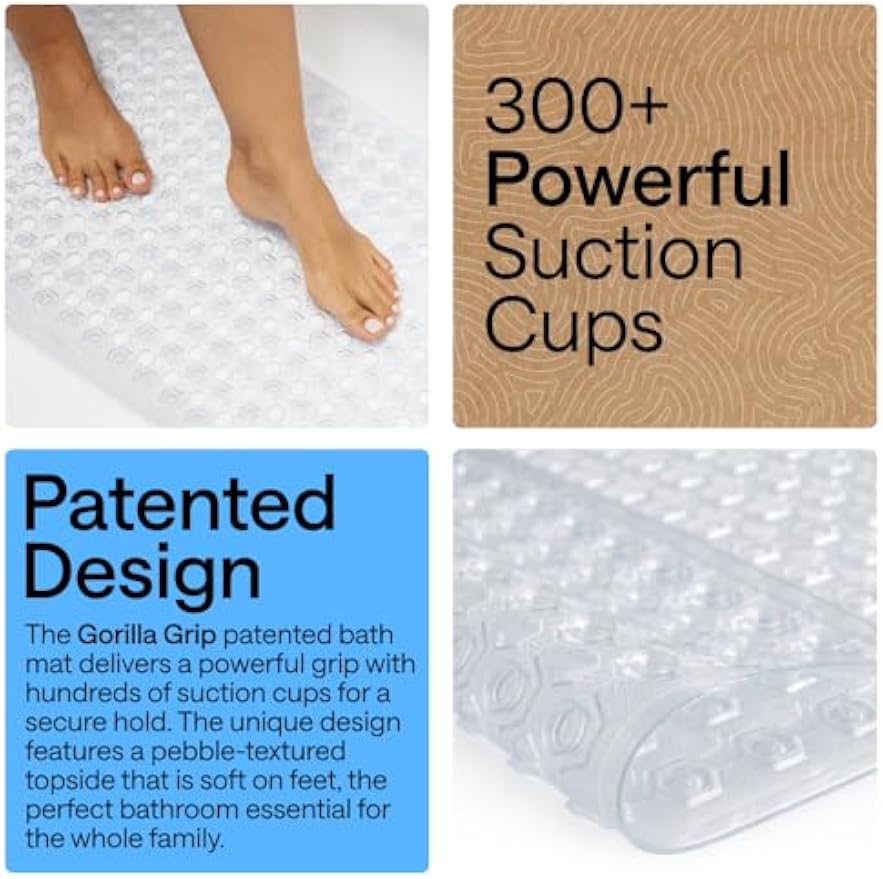 GORILLA GRIP Bath Tub Shower Mat, Bathtub Floor Liner, 35x16 Clear | Patented Large Mats, Machine Washable, Suction Cups and Drain Holes to Keep Tubs Clean, Soft on Feet, Bathroom Essentials