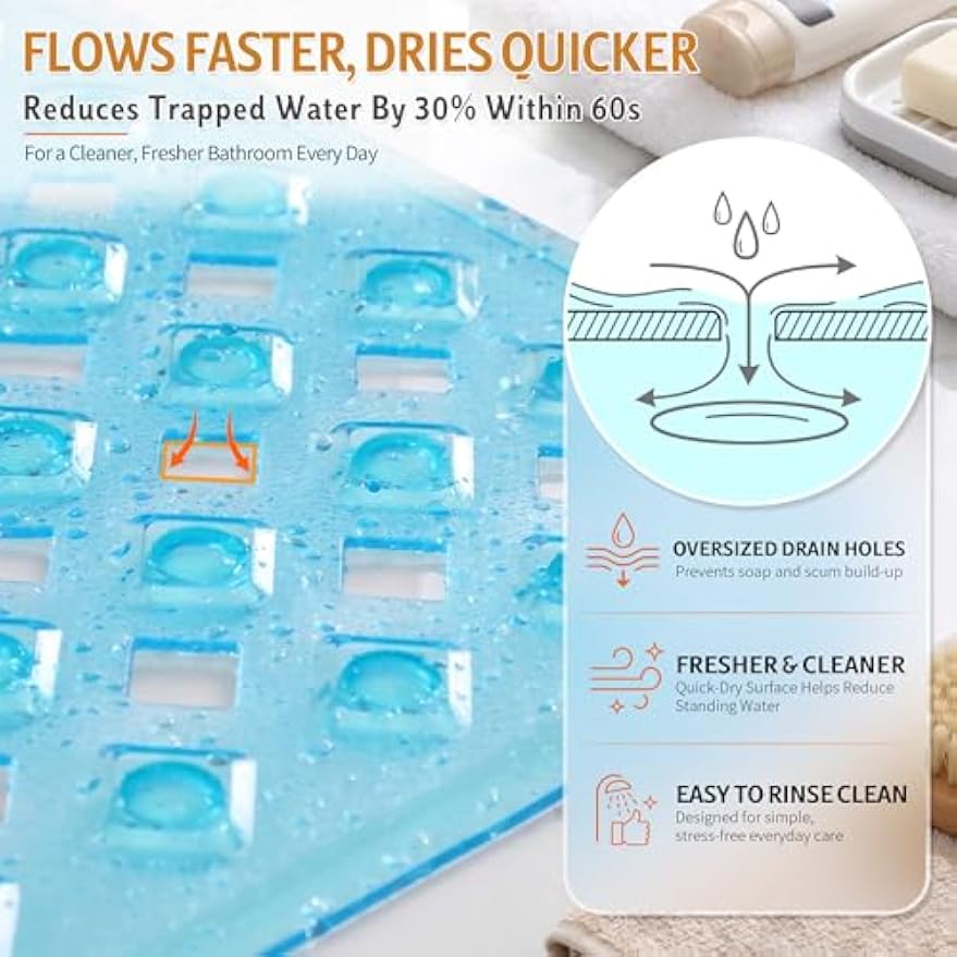 Yimobra Bathtub Mat Non Slip, 35"X16" Shower Mat with Strong Suction Cups & Drain Holes, Long Anti Slip Bath Tub Mat for Inside Shower, Machine Washable Fast Drying, Bathroom Essentials, Clear Blue