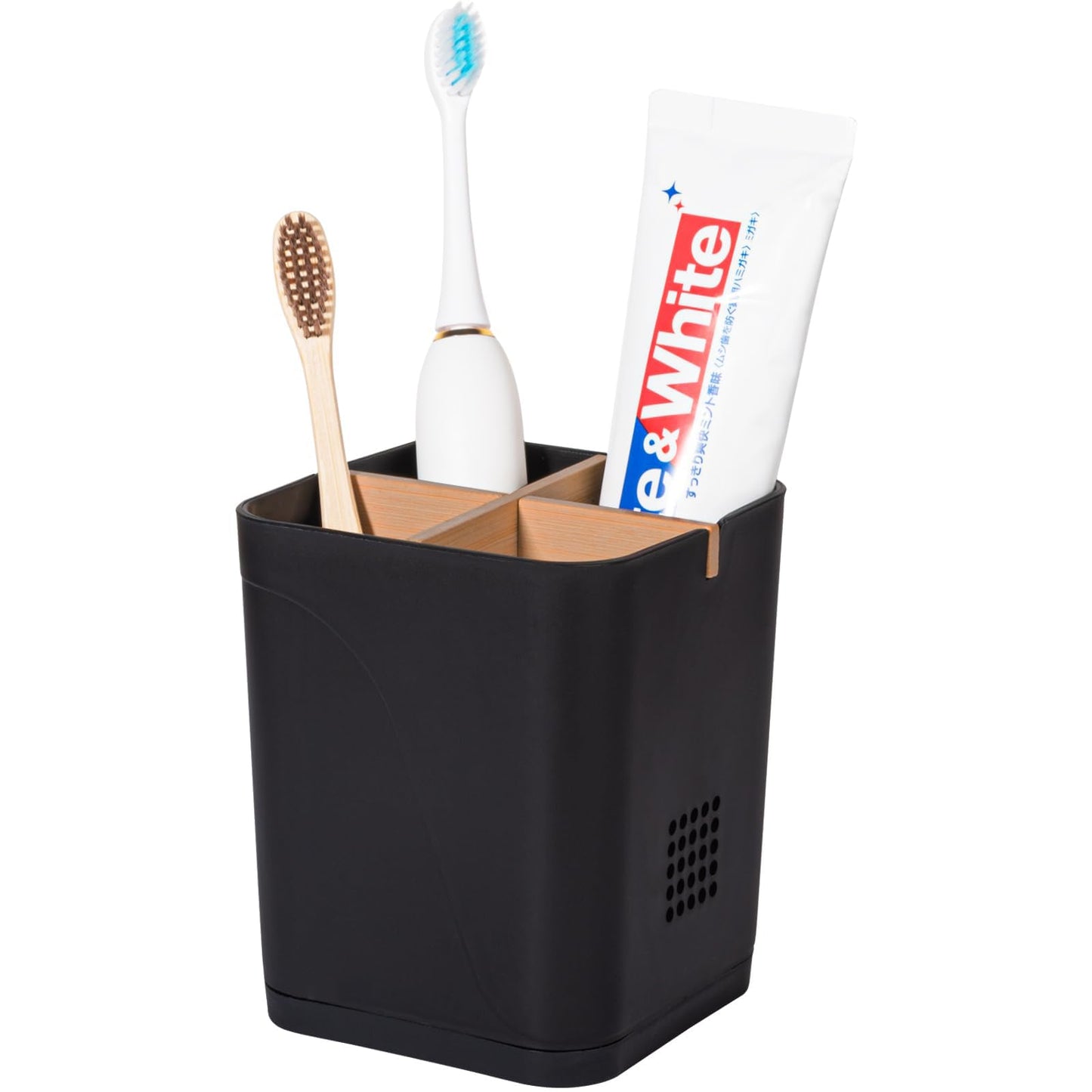 Electric Toothbrush Holder Tooth Brush and Toothpaste Organizer, Black | 3 Slots, Drainage Holes, Removable Bamboo Divider, Ventilation Design, Space-Saving, for Bathroom Countertop, Shower, Vanity