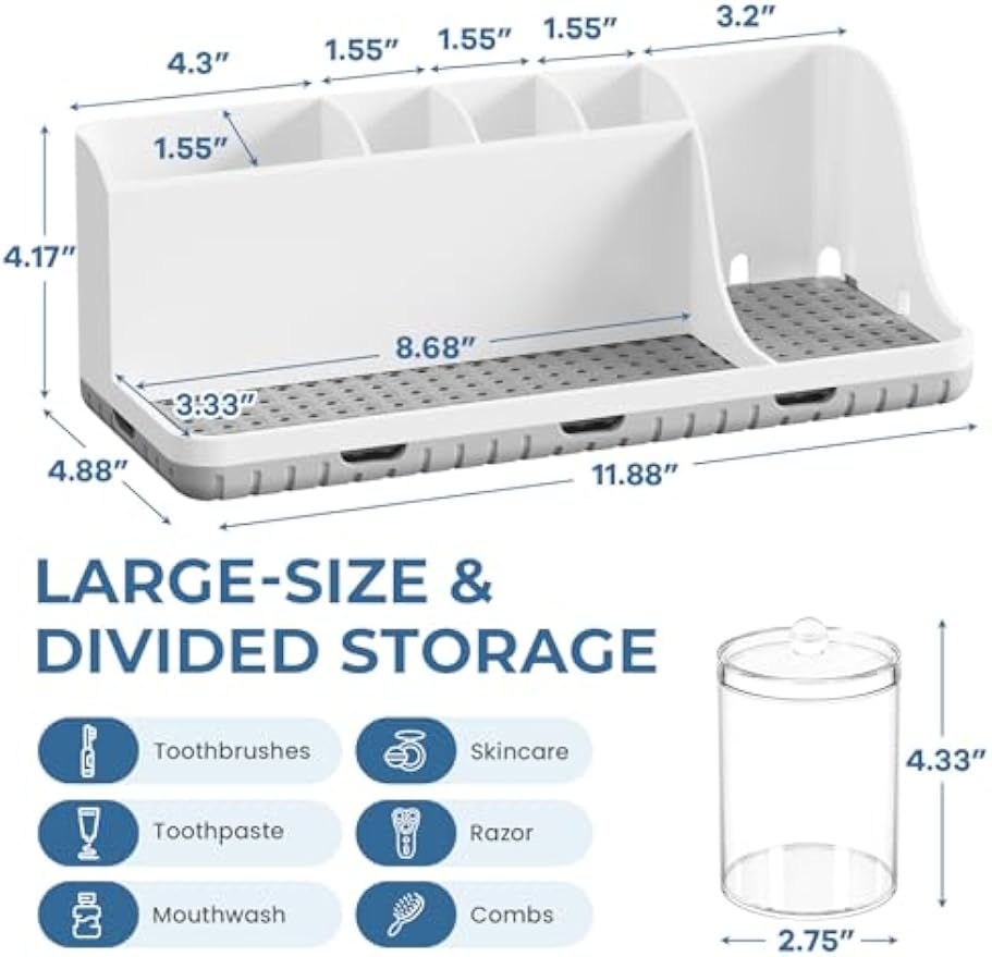 Bathroom Counter Organizers and Storage with 3 PCS Qtip Holder (White) | Easy To Clean, Drainage, Non-Slip, Detachable, 6 Slots Toothbrush Holders for Bathrooms