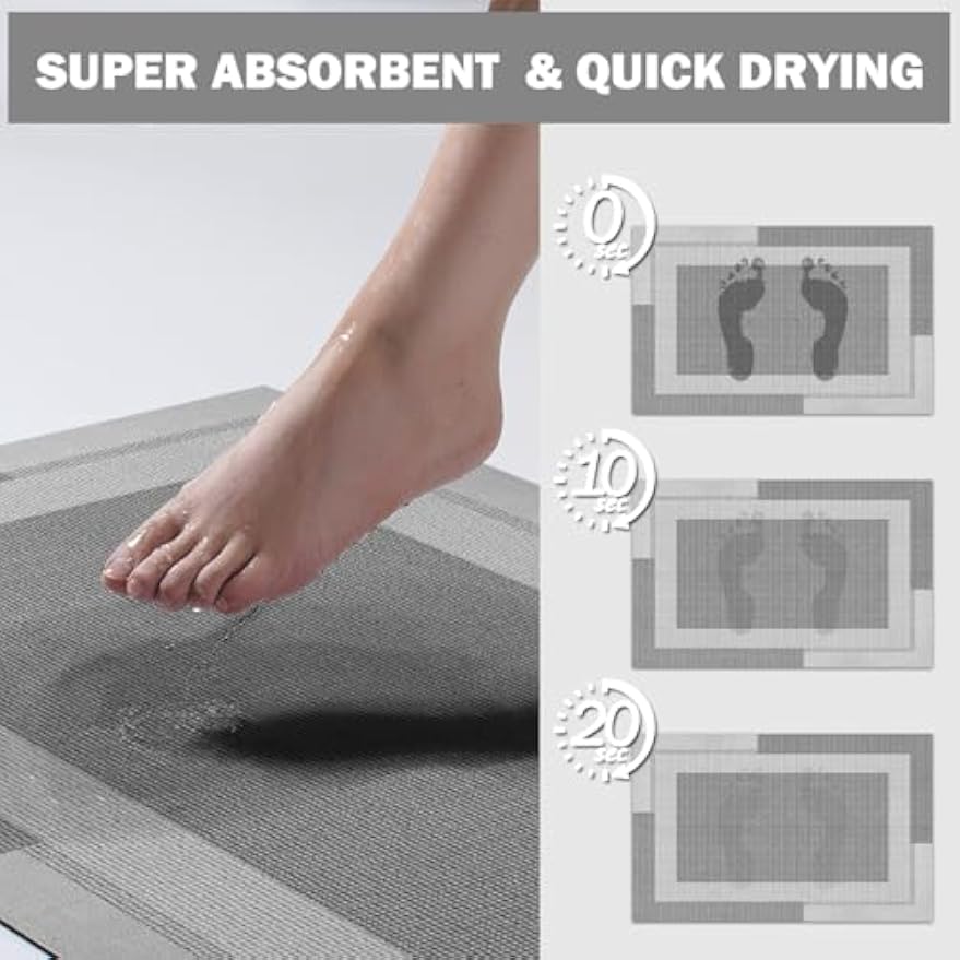 YDKGL Non Slip Bath Mat Thin Bathroom Rugs Fit Under Door Grey 16"x 24" | Quick Dry Absorbent Washable Rubber Backing Bath Rug Shower Mat Bathroom Floor Mat for Sink Bathtub Beside Shower Entrance