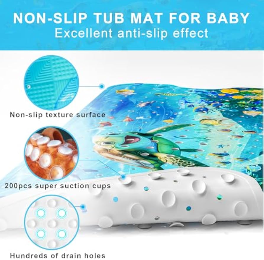 Baby Bath Mat for Tub Non Slip Kids, BPA Free Extra Long Bathtub Mat 40x16 with Drain Holes and 200 Suction Cups, Non Toxic Machine Washable Toddler Bath Mat, No Fading, Sea