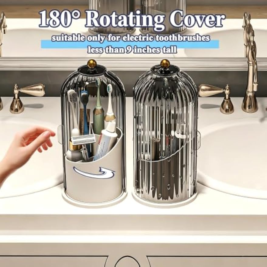 Waterproof Toothbrush Holder with 180° Rotating Cover, Grey White | Dustproof, 360° Rotating Base, Smooth Sliding Lid, Toothpaste Holder, 3 Slots, for Bathroom Countertop