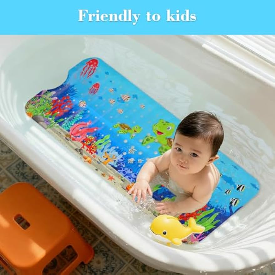 Secopad Bathtub Mat Non Slip, Cute Tub Mat, 40" x 16", Turtles | Rectangular, Anti-Slip, Machine Washable, with Drain Holes and Suction Cups,For Bathtub and Shower Floor, for Toddler & Kids