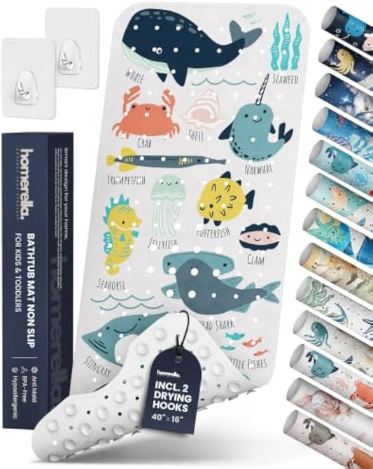 homerella Bathtub Mat Non Slip Kids 40x16 Baby Bath Mat Non Slip Anti Mold | 100% BPA Free, Non Toxic, Mildew Resistant, Machine Washable, Extra Long Kids Bath Mat for Tub Non Slip, Toddler Bath Mat