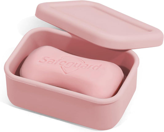 Leak Proof Silicone Travel Soap Case with Draining Tray - Bar Soap Holder for Travel, Gym & Camping - Mess-Free Portable Soap Container for Carry-on Bags (Light Pink)