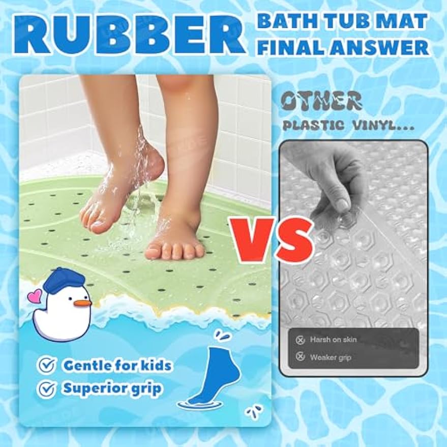 UNEEDE Kids Bathtub Mat Non Slip, Soft Rubber Shower Mat for Toddler | Machine Washable Baby Bath Mat with 100+ suction cups and 50+ Drainage Holes, 30"x18" Cute Frog Design, Baby Bath Essentials