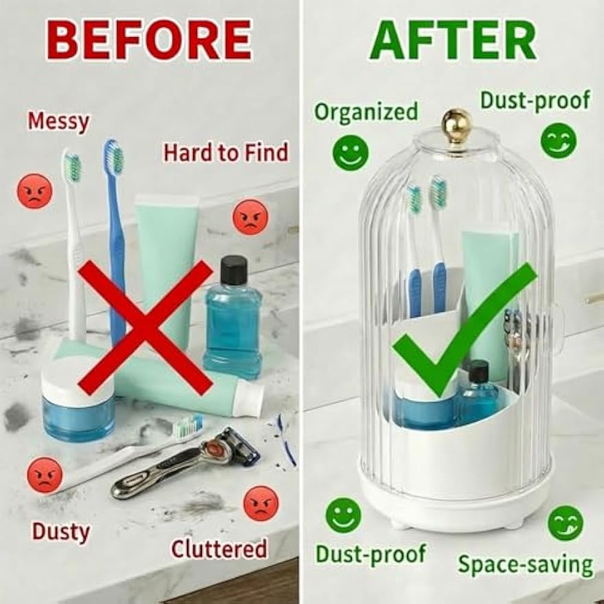360° Rotating Toothbrush Holder with Cover - Dustproof Bathroom Countertop Organizer for Manual Toothbrushes & Razors - Spinning Vanity Makeup Brush Storage with Sliding Lid (White/Clear)