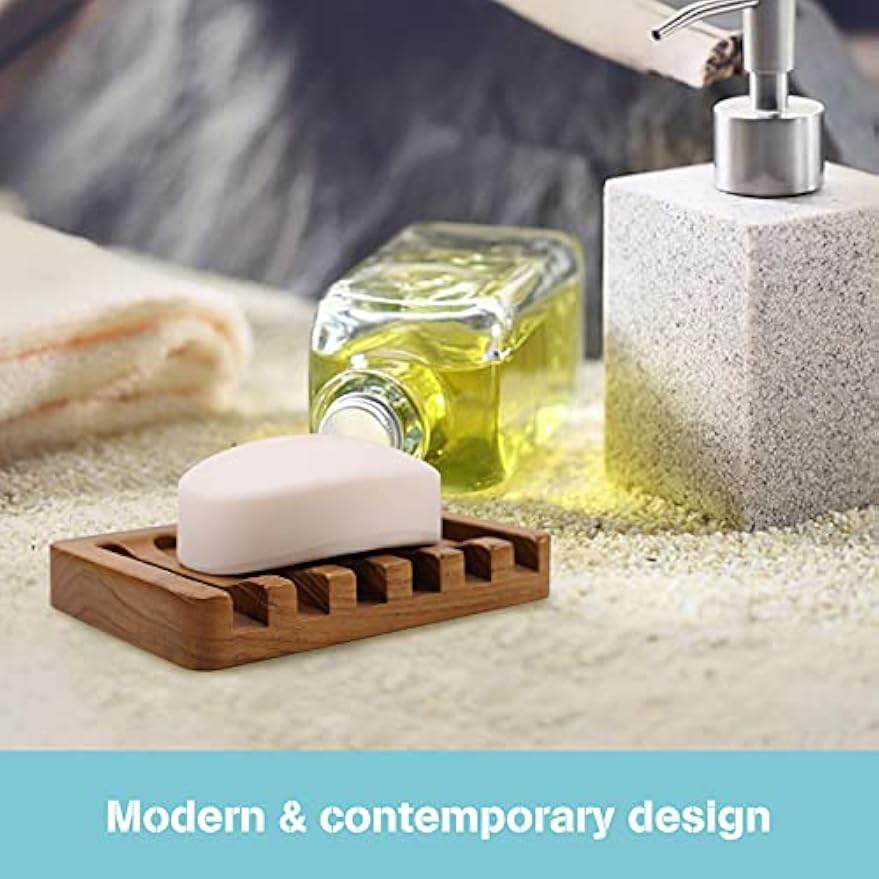 HTB Soap Dish with Slanted Waterfall Design,Teak Wood Bar Soap Holder | Soap Saver Keep Soap Bar Dry,Extend Soap Life,Non-slip Soap Tray for Shower,Bathroom,Sink,Kitchen,Countertop,Self Draining