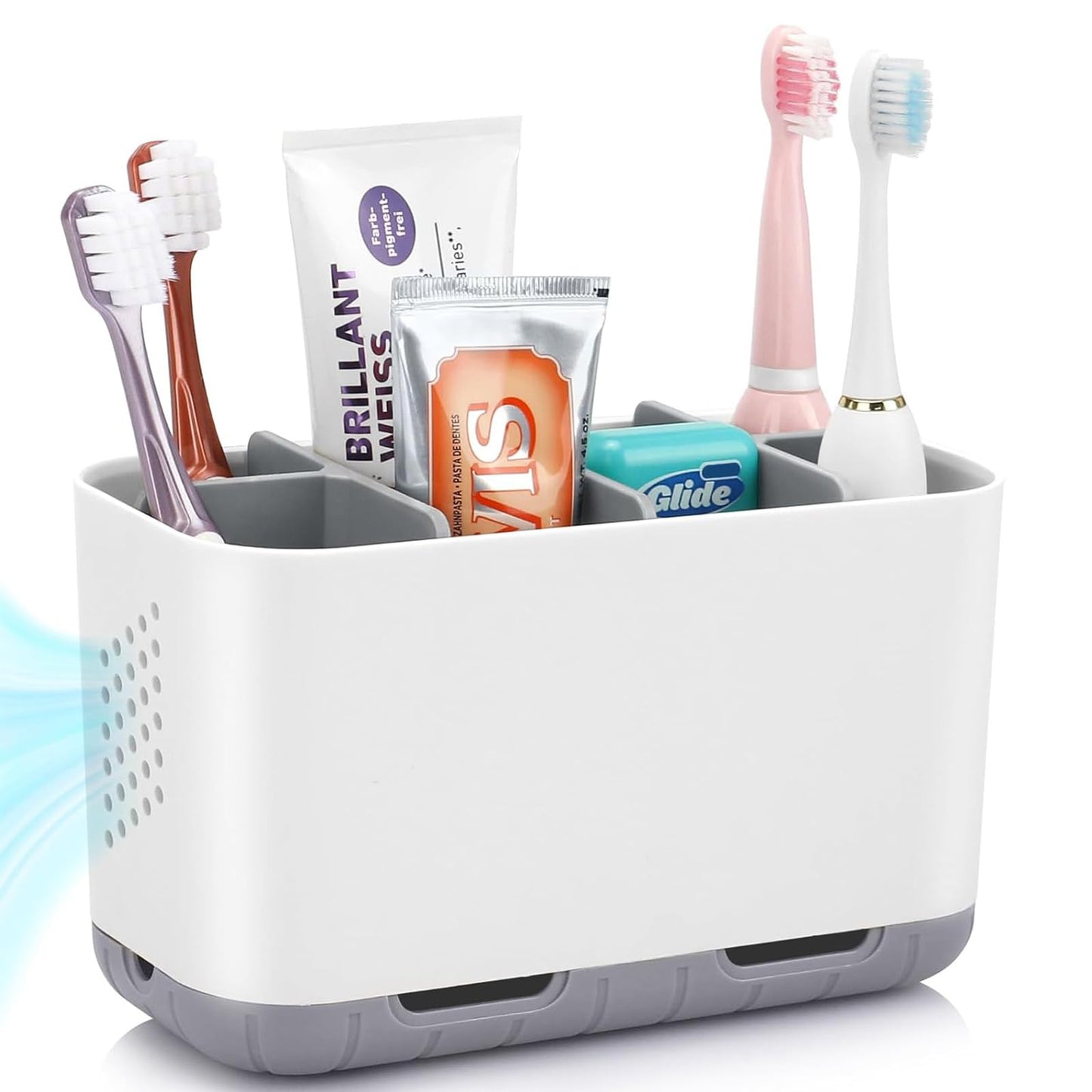 Boperzi Electric Toothbrush Holder for Bathroom Organizer Countertop, Detachable Anti-Slip Blue Toothpaste Storage Caddy 6 Slots White with Drainage Holes for Makeup Brush Razor Stand