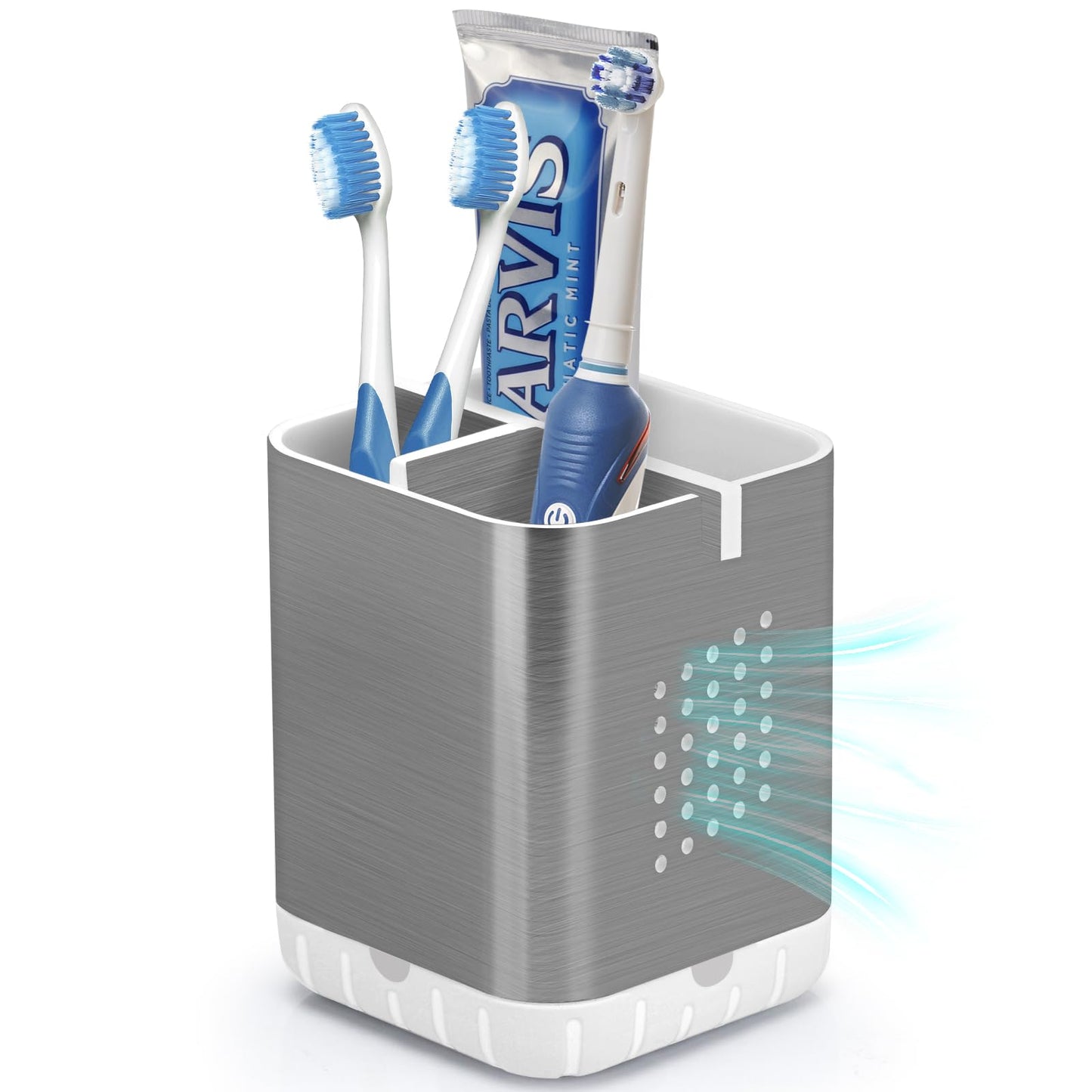 Boperzi Toothbrush and Toothpaste Holder with Bamboo Divider for Bathroom Countertop Organizer, Plastic Detachable Anti-Slip Large Electric Toothbrush Holders Storage Caddy Drainage for Family, Kids