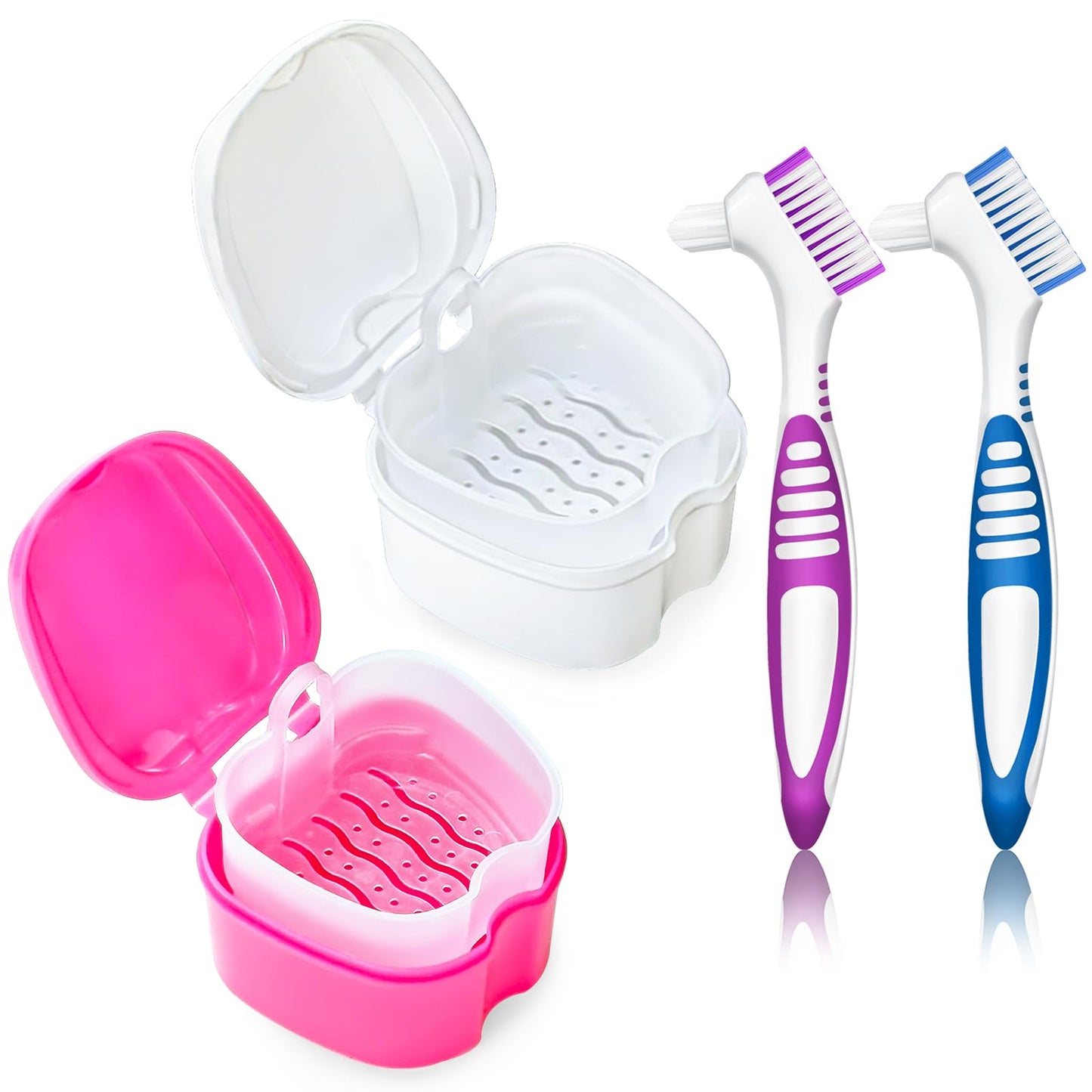 2 Pack Colors Denture Bath Case Cup Retainer Cleaner Holder Case False Teeth Soaking Container Dental Bath Storage Box Case with Strainer Basket and Brush - Rose Red & Black