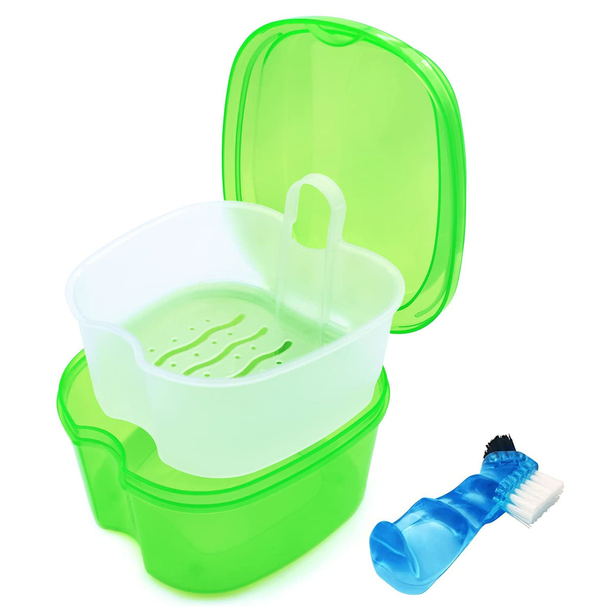 2 Pack Denture Case Dental Mouthguard Case, Denture Bath Box Cleaning with Brush, Strainer Basket and Lid Waterproof - Purple and Blue