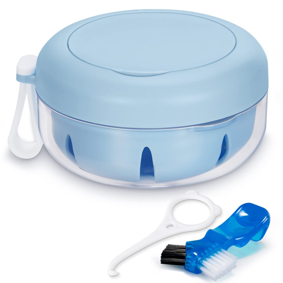 OB05 Leak Proof Denture Cup Kit Portable Retainer Case Perfect for Travel, Denture Case Container Cleaning Care for Dentures Aligner Mouth Guard with Denture Brush,Strainer, Removal Tool and Mirror