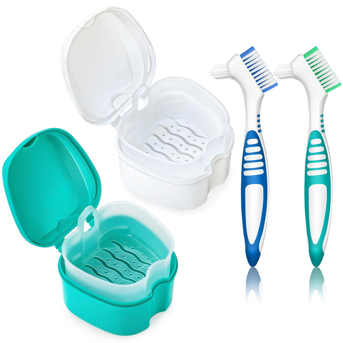 2 Pack Colors Denture Bath Case Cup Retainer Cleaner Holder Case False Teeth Soaking Container Dental Bath Storage Box Case with Strainer Basket and Brush - Rose Red & Black