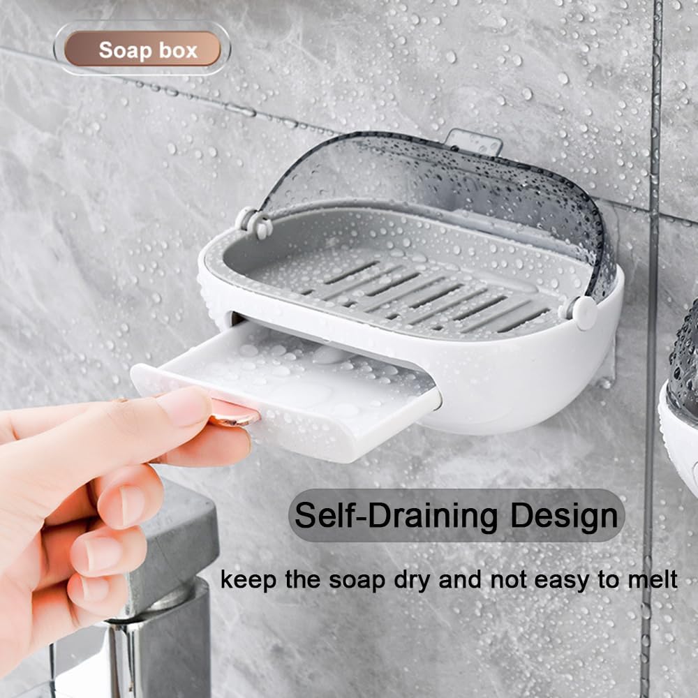 2 Pack Shower Soap Dish Holder with Lid, Bar Soap Container with Drain | Wall Mounted Soap Box Container for Shower, Bathroom, Bathtub, Kitchen Sink, Adhesive Included