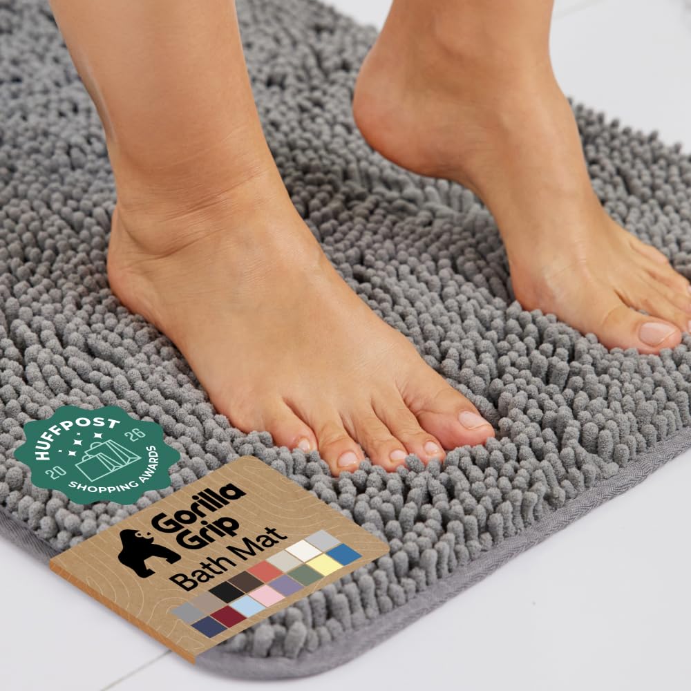 GORILLA GRIP Bath Rug Mat for Bathroom, Absorbent Chenille, 24x17 Gray | Soft Thick Quick Dry Microfiber Mats, Rubber Backing, Machine Washable Tub and Shower Floor Rugs, Home Decor Essentials