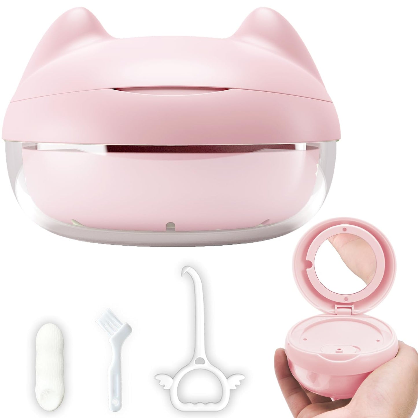 Retainer Case Denture Bath Case Basket Mirror Leak-proof White Hanburger | 2-in-1 design Strainer Basket No-Leak Cleaning Case for Mouth Guard Cute Removal Tool,Aligner chewies,Bursh