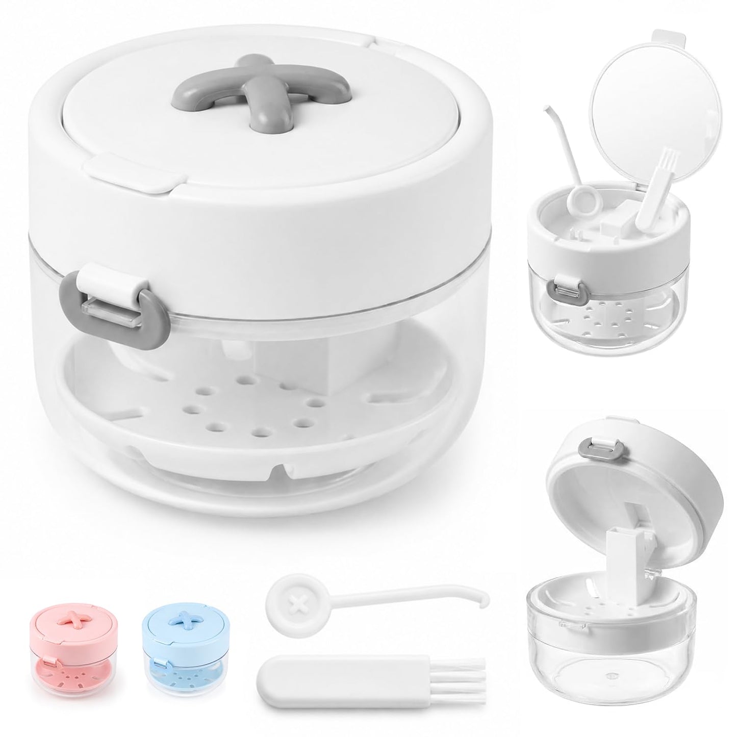 3-in-one dentures, retainer cleaning box,Retainer Case for Women Teen Girls,Large Capacity Denture Bath Case with Mirror Cleaning Brush and Removal Tool for Orthodontic and Denture Users(white)