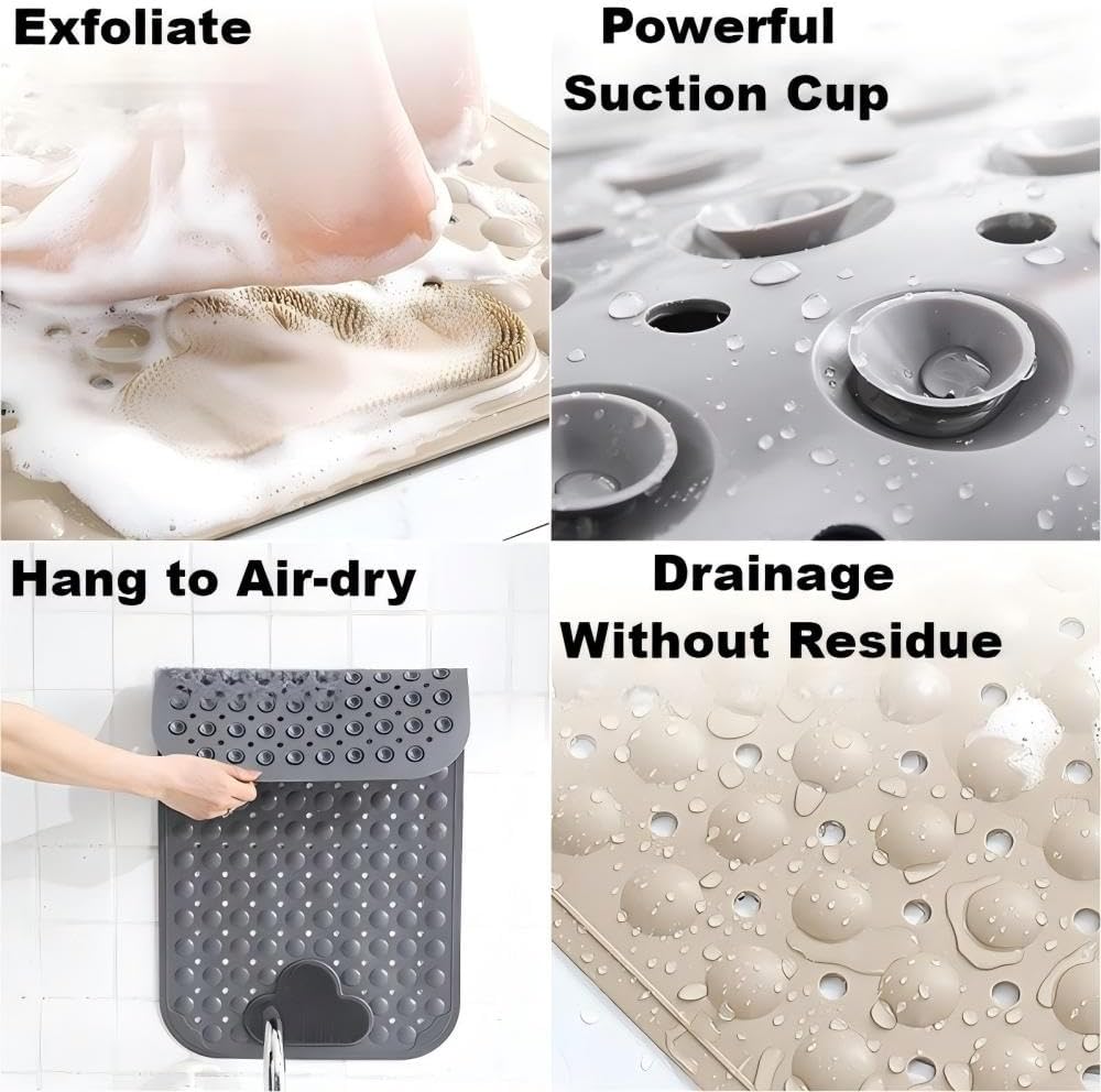 Bathtub Anti-Slip Mat Shower Mat with Suction Cups Drain Hole Foot Massage Bathroom Floor Mat 28x16 Inch (Khaki)
