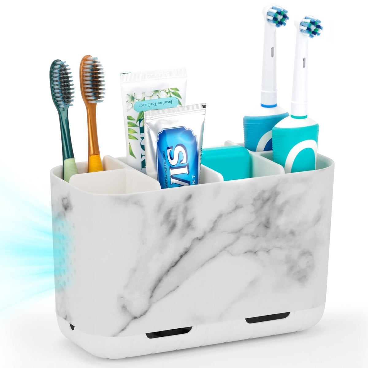 Boperzi Electric Toothbrush Holder for Bathroom Organizer Countertop, Detachable Anti-Slip Blue Toothpaste Storage Caddy 6 Slots White with Drainage Holes for Makeup Brush Razor Stand
