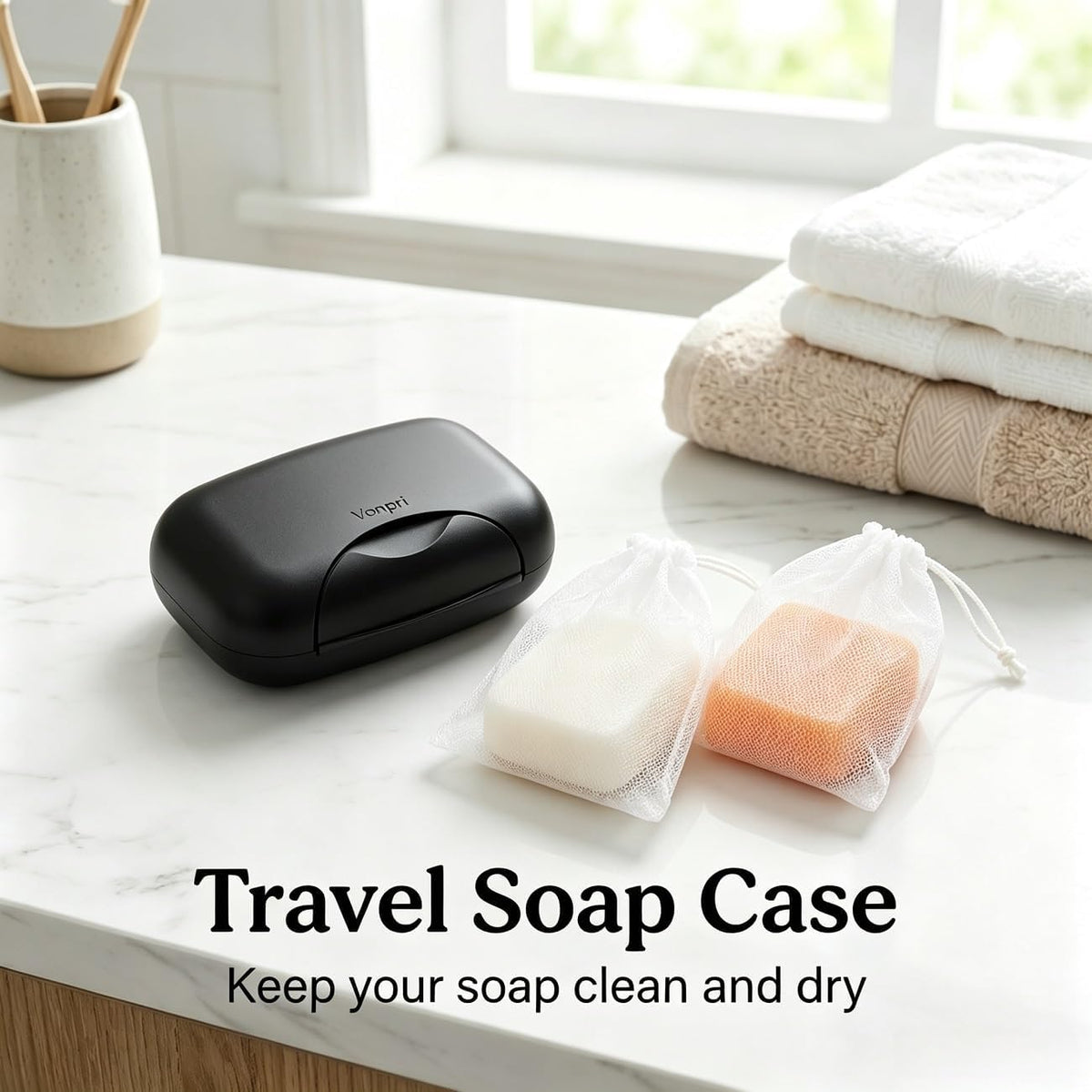 Soap Holder Container, Portable Bar Soap Saver Scrubber Case for Bathroom and Kitchen (Black)
