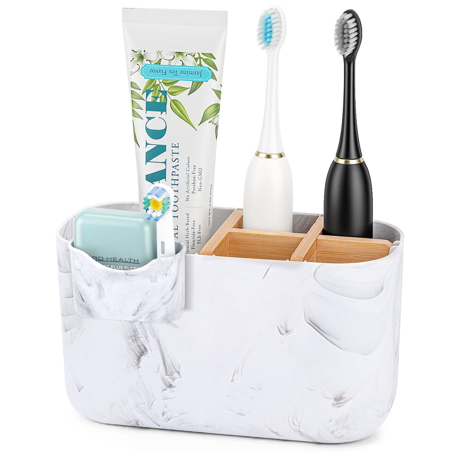 GFWARE Toothbrush Holders for Bathrooms, 5 Slots Bamboo Toothbrush Holder Kids Electric Toothbrush Holder and Toothpaste Holder for Bathroom Countertop Accessories Storage, Marble Toothbrush Organizer | 5 Slots Kids Electric Toothbrush and Toothpaste Hold