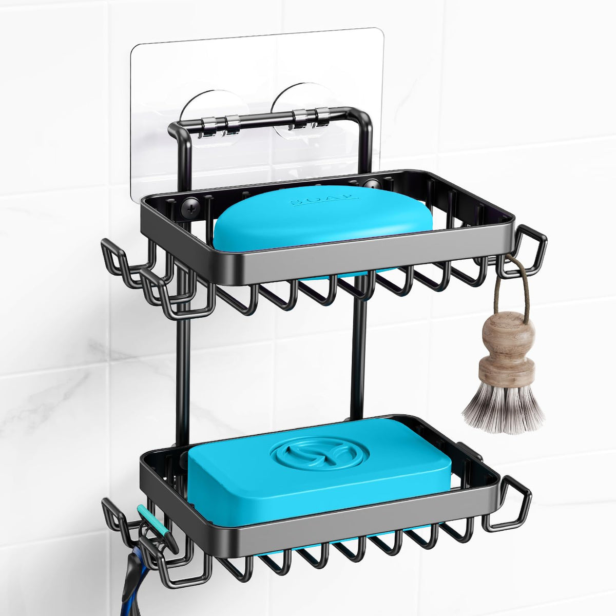 Nieifi Bar Soap Holder, Adhesive Soap Dish for Bathroom Shower Wall | Stainless steel, 2 tier, razor holders, 8 hooks, bathtub, kitchen sink, wall mounted, no drilling, counter, black