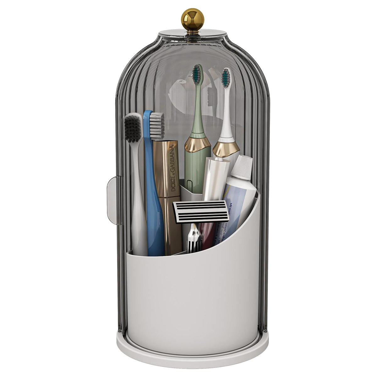 Waterproof Toothbrush Holder with 180° Rotating Cover, Grey White | Dustproof, 360° Rotating Base, Smooth Sliding Lid, Toothpaste Holder, 3 Slots, for Bathroom Countertop