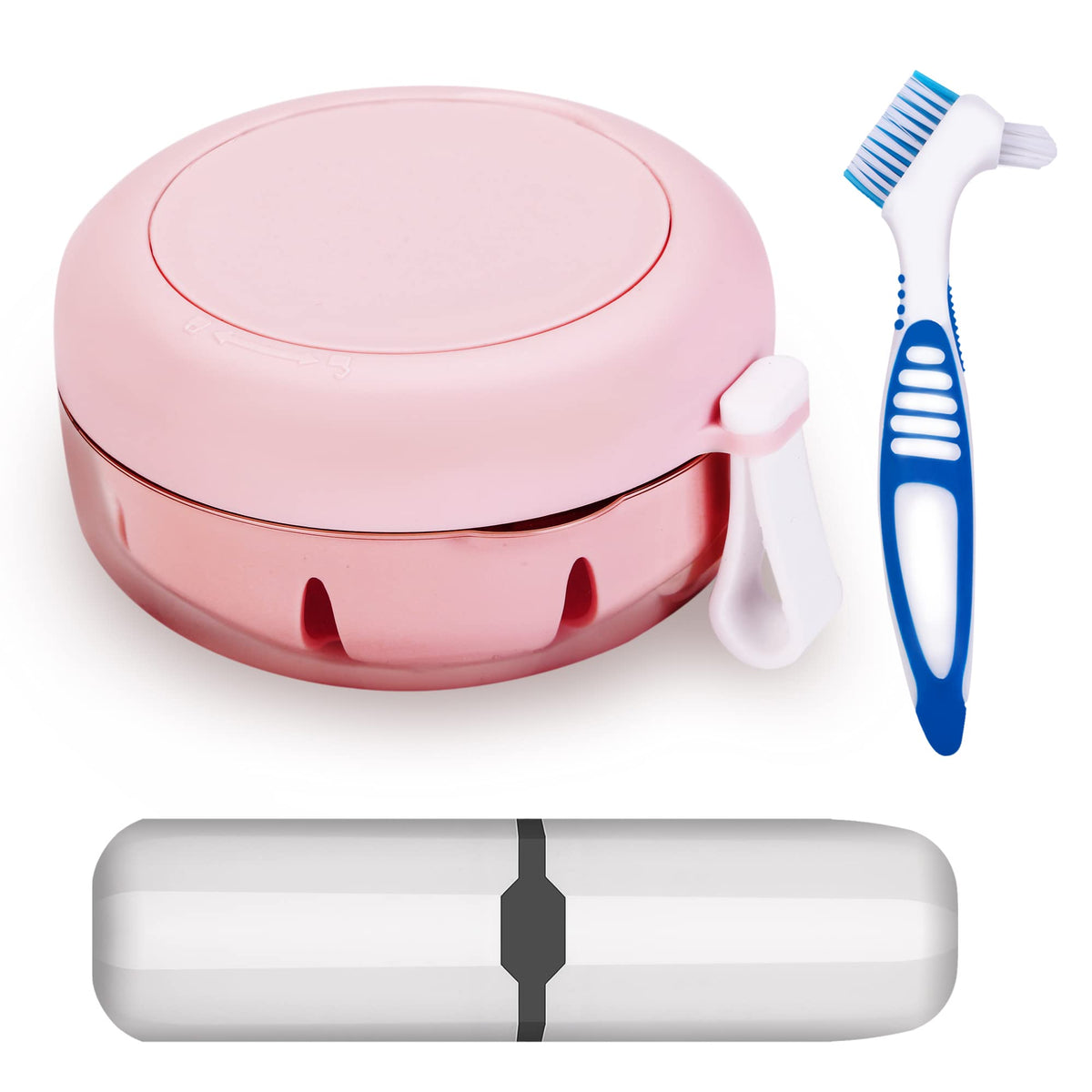 Denture Case, Definitely No-Leak Denture Bath Box for Traveling Perfectly, Denture Cup with Strainer & Magnetic Mirror,Completely Clean Care for Retainer, Mouth Guard, & Denture