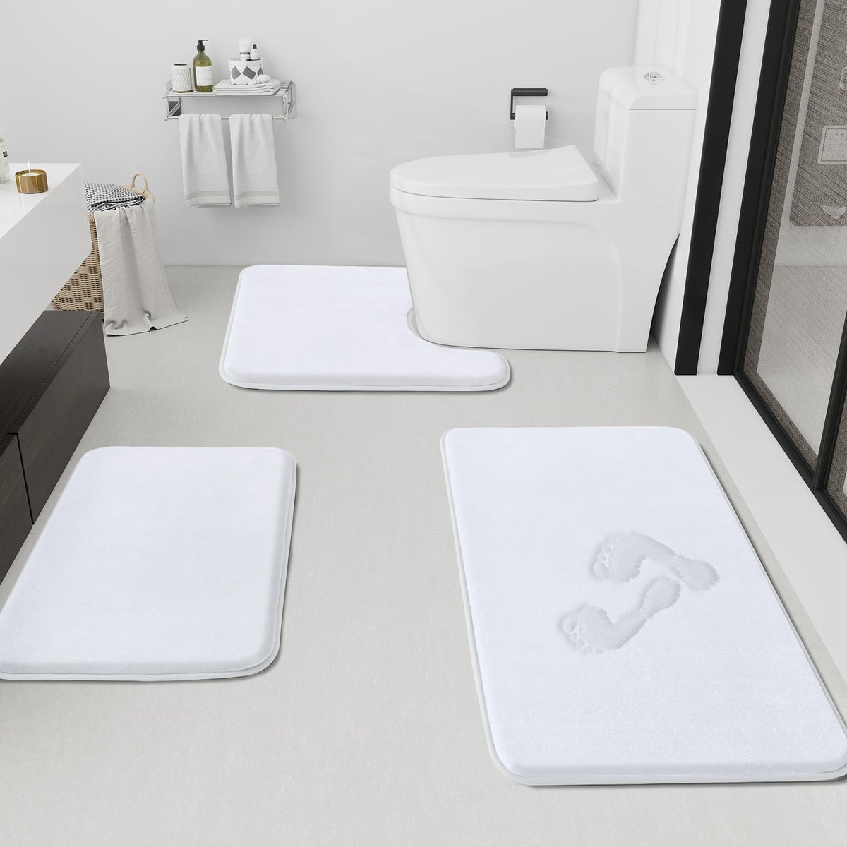 HUXMEYSON Bathroom Rugs Sets 3 Piece, Non-Slip & Quick Dry Bath Mat Set, Ultra Soft Velvet Bath Rugs for Bathroom, Toilet and Shower Floor, Grey