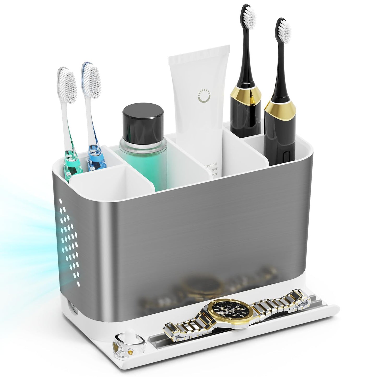 Toothbrush Holders for Bathrooms, Adjustable 6 Slots Electric Toothbrush and Toothpaste Holder, Cord-Friendly Detachable Bathroom Countertop Organizer with Front Ledge for Phone and Ring Holder