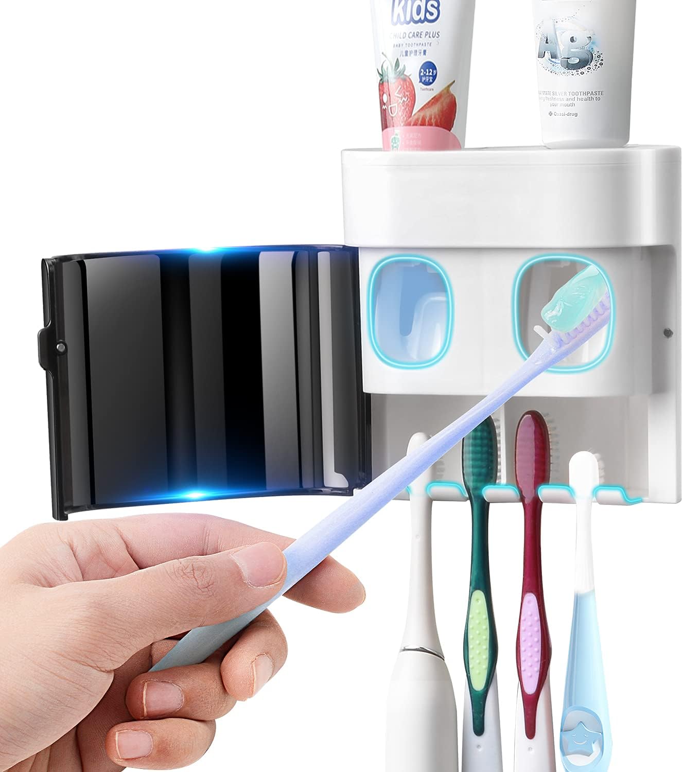 GFWARE Toothbrush Holder Toothpaste Dispenser Wall Mounted with Cover, 4 Slots Tooth Brush Storage Organizer with Automatic Kids Toothpaste Squeezers for Shower Bathroom Black | Automatic Toothpaste dispenser for Kids, Bathroom Storage Organizer with Dust